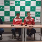 Rzecznik Prasowy Polskiego Związku Tenisowego Tomasz Dobiecki, Kamil Majchrzak oraz kapitan Mariusz Fyrstenberg (fot. Jakub Lesiński)