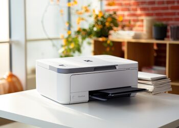 A white and black printer sitting on top of a table