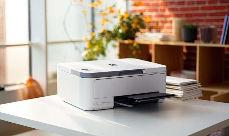 A white and black printer sitting on top of a table