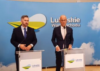 Konferencja prasowa w UMWL: Waldemar Sługocki i Marcin Jabłoński (fot. Piotr Bakselerowicz)