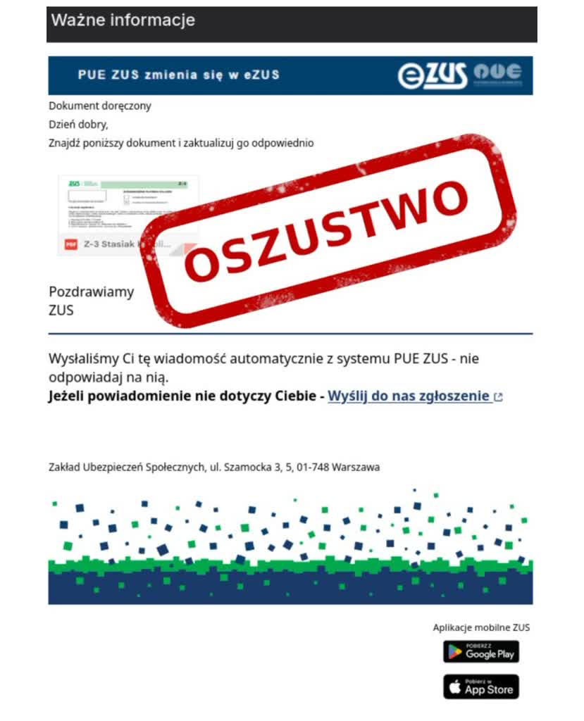 ZUS ostrzega przed fałszywymi mailami