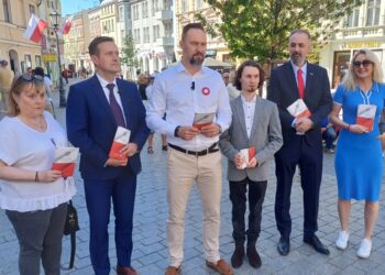 Święto Narodowe Trzeciego Maja. Nowa Lewica rozdaje egzemplarze Konstytucji na zielonogórskim deptaku (fot. Piotr Bakselerowicz)