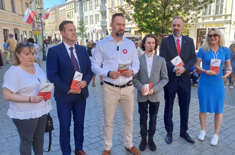 Święto Narodowe Trzeciego Maja. Nowa Lewica rozdaje egzemplarze Konstytucji na zielonogórskim deptaku (fot. Piotr Bakselerowicz)