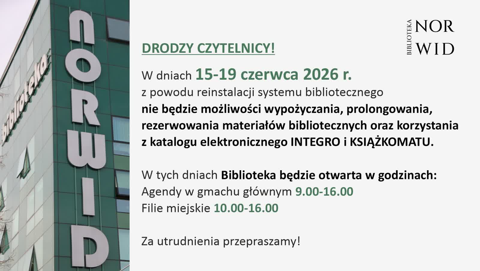 Utrudnienia dla czytelników – reinstalacja systemu w bibliotece Norwida